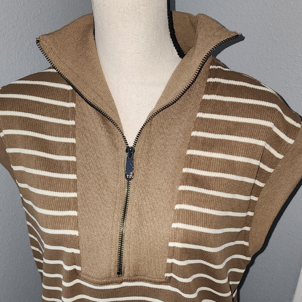 NWOT Entro Tan and White Striped Dress Sz M - Picture 3 of 7